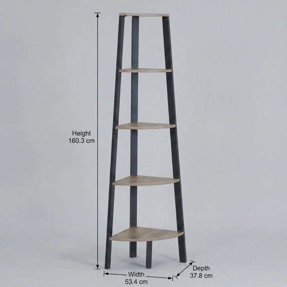 CARLA HOME 5 Tier Corner Shelf - Ladder Bookshelf - Metal Frame - Brown - Rustic