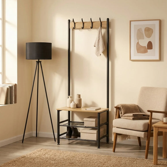 CARLA HOME Hall Tree Coat Rack with Bench - 5 Hooks - Brown - Rustic - Garment Rack