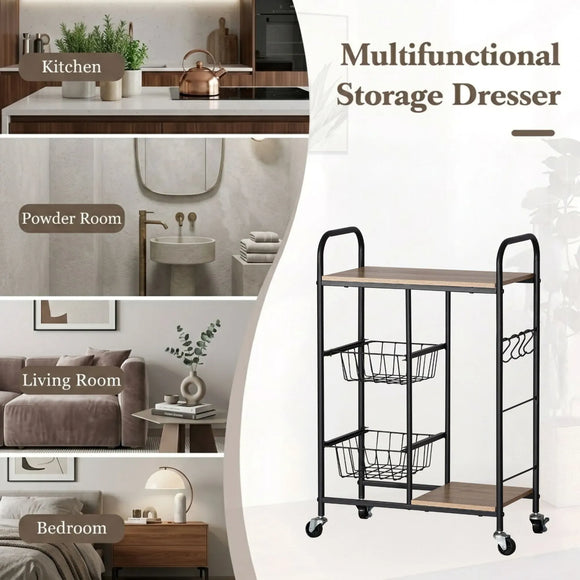 CARLA HOME Kitchen Trolley Cart with Wire Baskets - Brown - Rustic - Steel - Kitchen Rolling Cart
