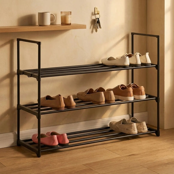 CARLA HOME 3 Tier Metal Shoe Rack - Free Standing Organiser - Black - Basic - Steel