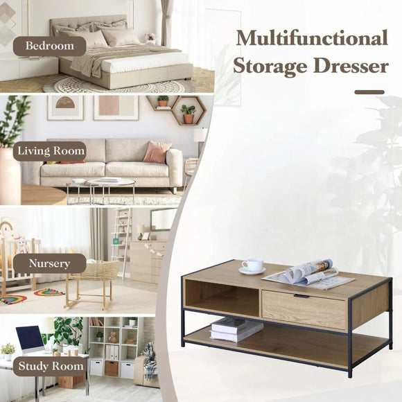 CARLA HOME Coffee Table with Drawer - Wood and Metal Frame - Brown - Rustic - Steel