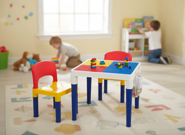 Children's 2-in-1 Building Blocks Table & Chairs Set w/ 100 Blocks - 0