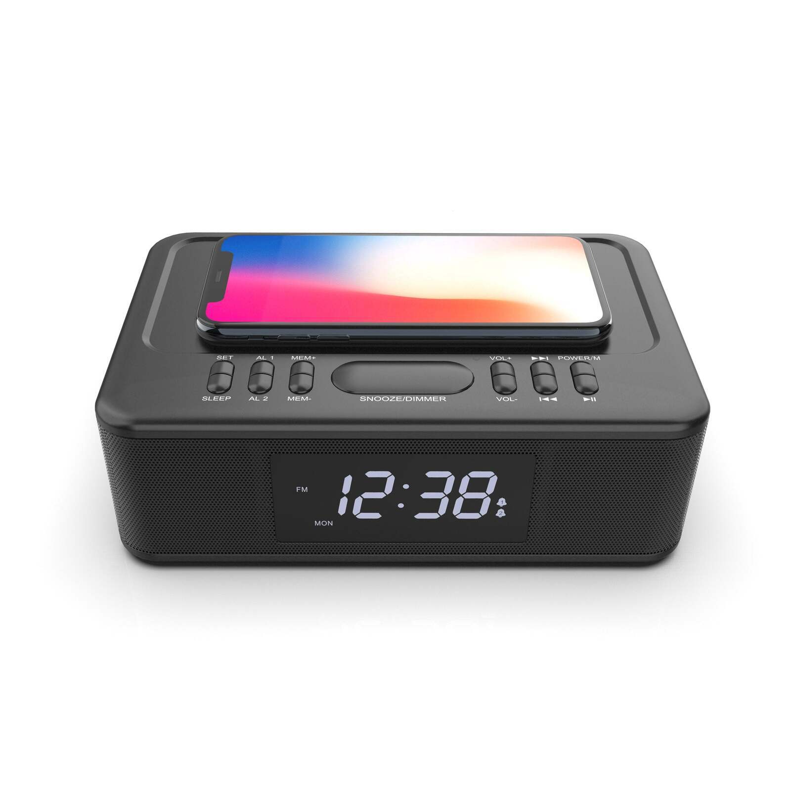 2in1 10W Wireless Fast Charging Wireless Streaming/FM Radio Alarm Clock w/ USB/AUX - 0