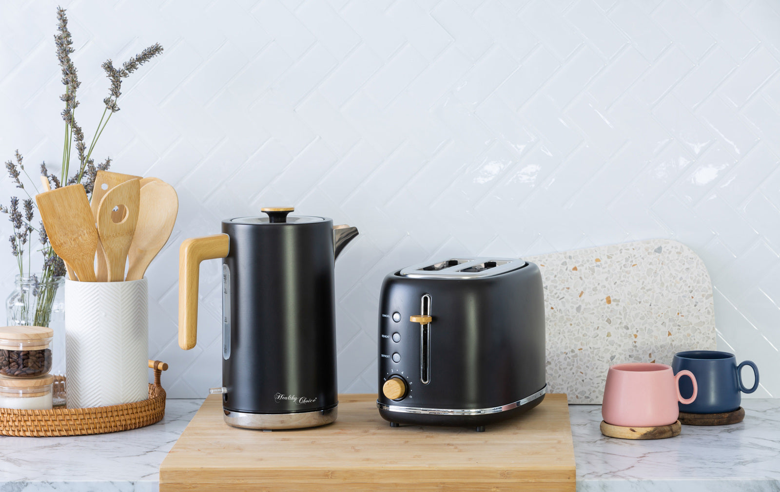 1.7L Kitchen Kettle and 2-Slice Bread Toaster Set in Black with Wood Accents - 0