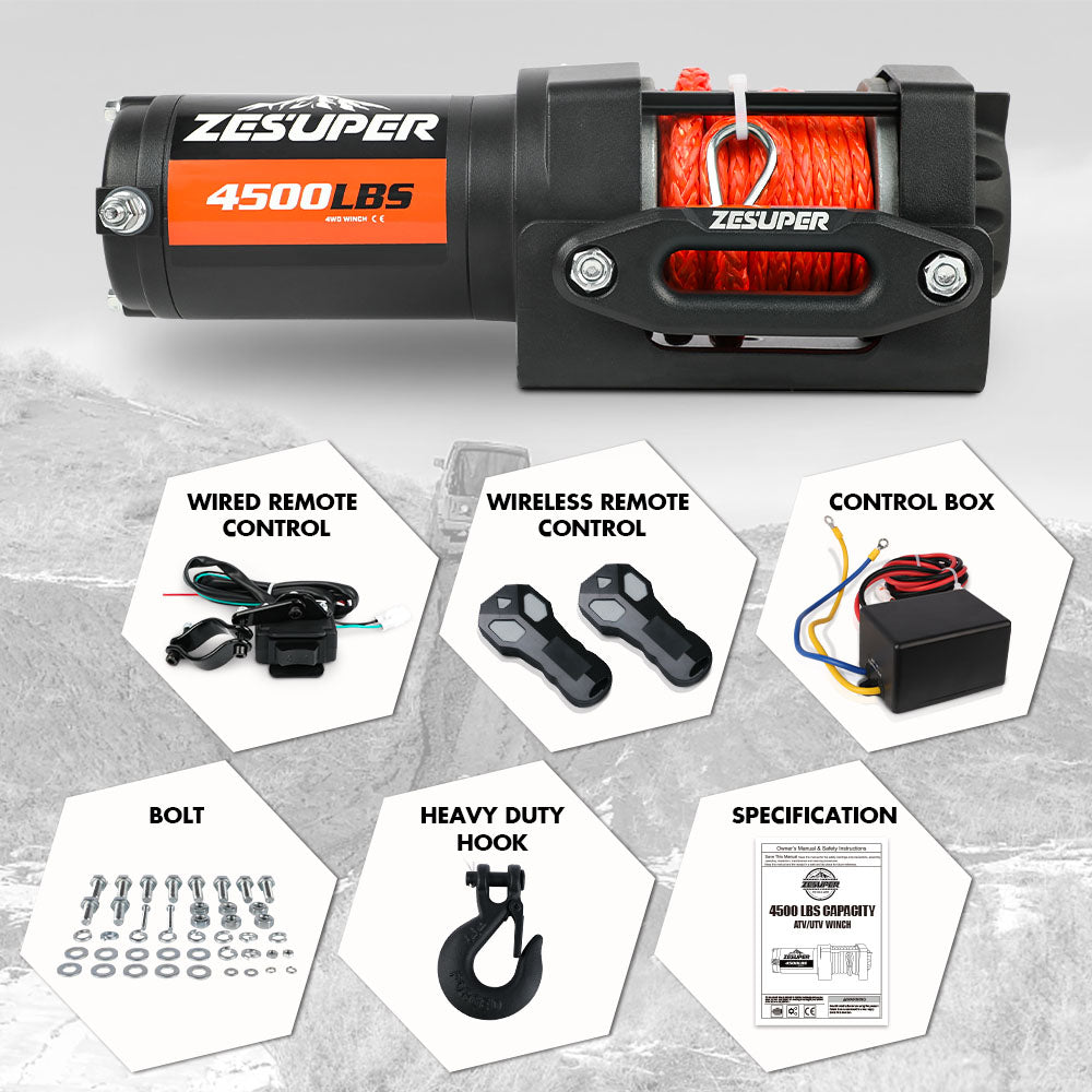 ZESUPER 12V Winch 4500LBS Electric Winch ATV Winch Synthetic Rope BOAT Trailer - 0