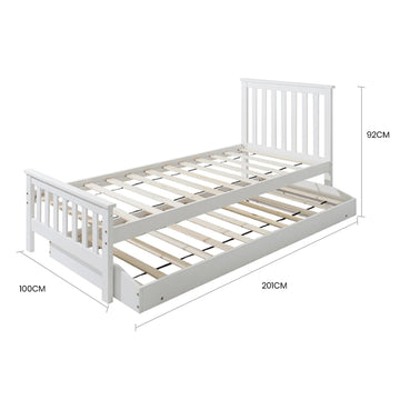 KINGSTON SLUMBER Wooden Single Bed Frame w/ Pop Up Trundle, for Kids Bedroom, White - 0