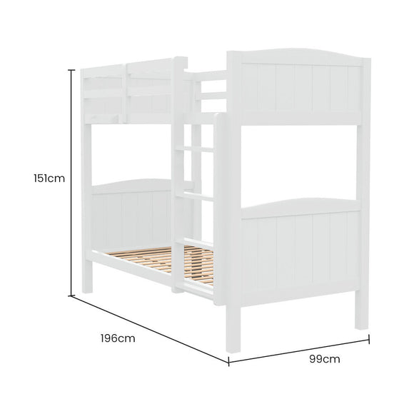 Kingston Slumber Single Bunk Bed Frame Solid Pine Wood Timber, Modular Design, White