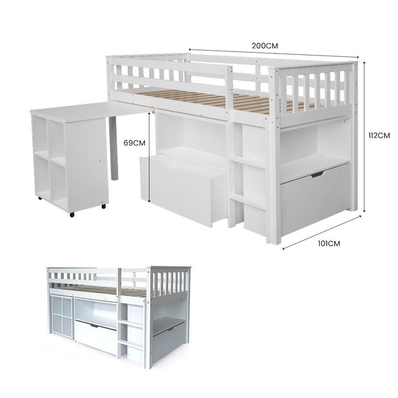 KINGSTON SLUMBER Wooden Kids Single Loft Bed Frame with Pull Out Desk, Storage Drawers - White