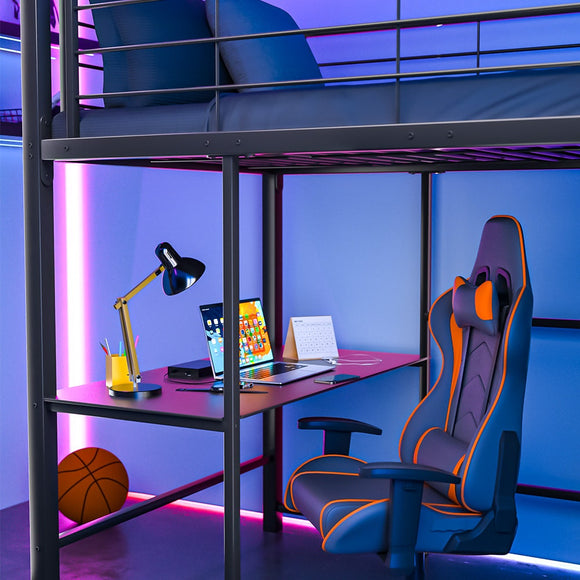 Gaming Loft Bed with Desk and Storage Cabinet, Steel Metal Frame, Space Saving Design, for Single Mattress, Matte Dark Grey