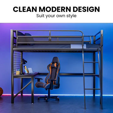 Gaming Loft Bed with Desk, Gridwall, Steel Metal Frame, Space Saving Design, for Single Mattress, Matte Dark Grey - 0