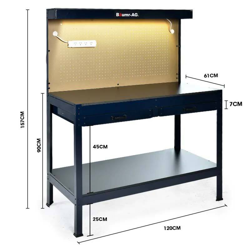 BAUMR-AG Steel Garage Workbench with LED Lights Pegboard Tool Storage Work Bench Workshop Table - 0