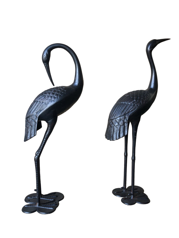 2 Piece Crane Couple Metal Statue Set