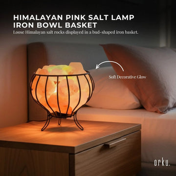 Orku Himalayan Pink Salt Lamp + Iron Bowl Basket - Hand Carved Night Light - 0