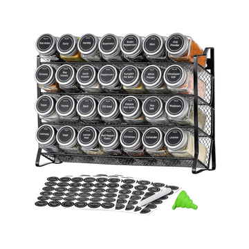 4 Tier Metal Spice Rack + 28 Glass Jars - Kitchen Pantry Herb Storage Organiser