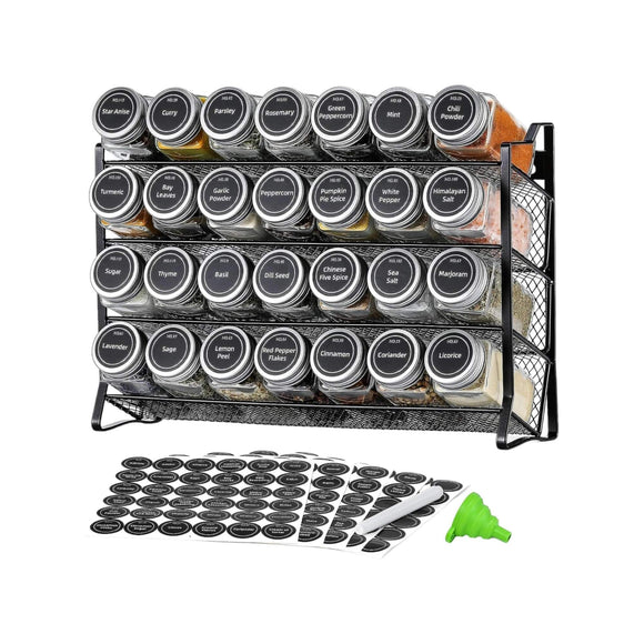 4 Tier Metal Spice Rack + 28 Glass Jars - Kitchen Pantry Herb Storage Organiser