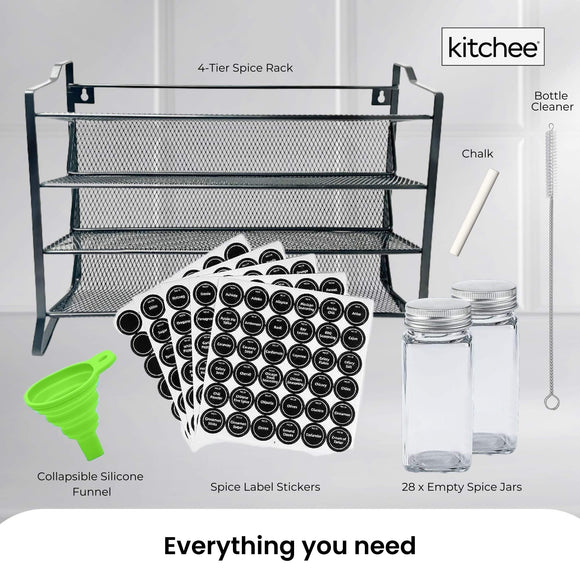 4 Tier Metal Spice Rack + 28 Glass Jars - Kitchen Pantry Herb Storage Organiser