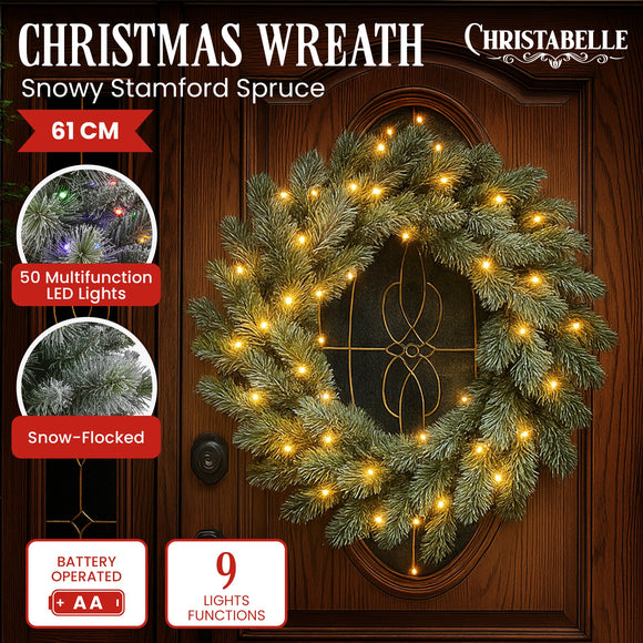 Christabelle 61cm Christmas Wreath Snowy Stamford Spruce with Coloured LED Lights Front Door Decoration Ornament