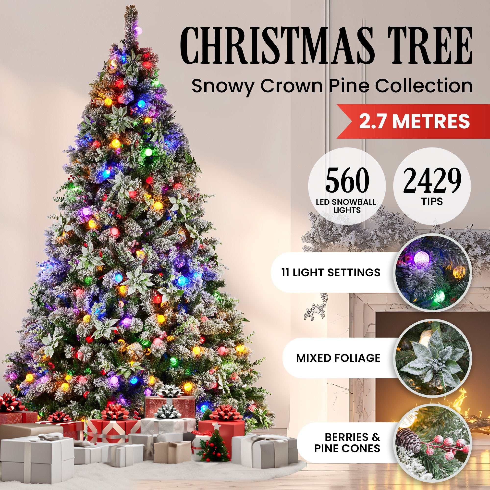 Swishmas Snowy Crown Pine 2.7m Multicolour Pre-Lit Christmas Tree with 2429 Tips - 0