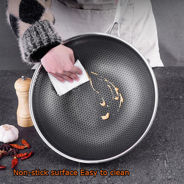 316 Stainless Steel 34cm Non-Stick Stir Fry Cooking Kitchen Wok Pan without Lid Honeycomb Double Sided - 0