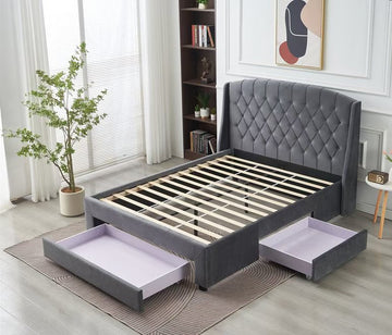 Paris Tall Tufted Velvet Dark Grey Bed with Storage Drawer - Queen