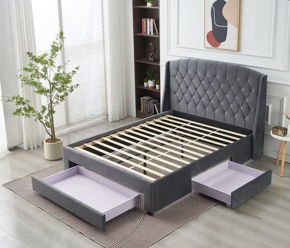 Paris Tall Tufted Velvet Dark Grey Bed with Storage Drawer - Queen