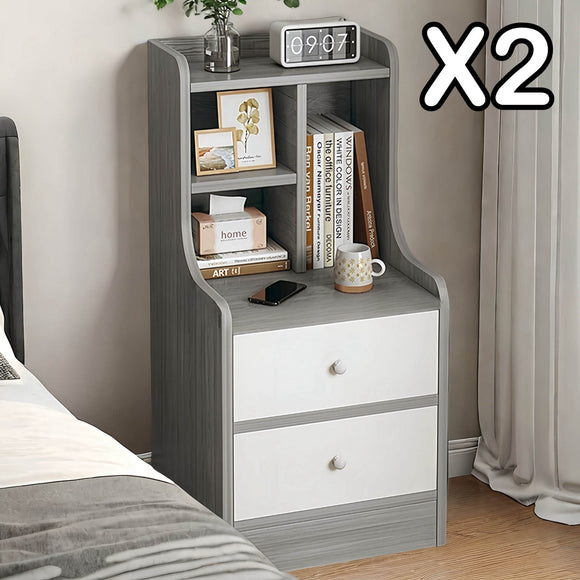 2x Bedside table pair with drawers, eco-friendly, modern design, curved sides
