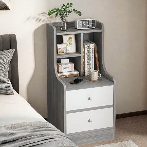 2x Bedside table pair with drawers, eco-friendly, modern design, curved sides