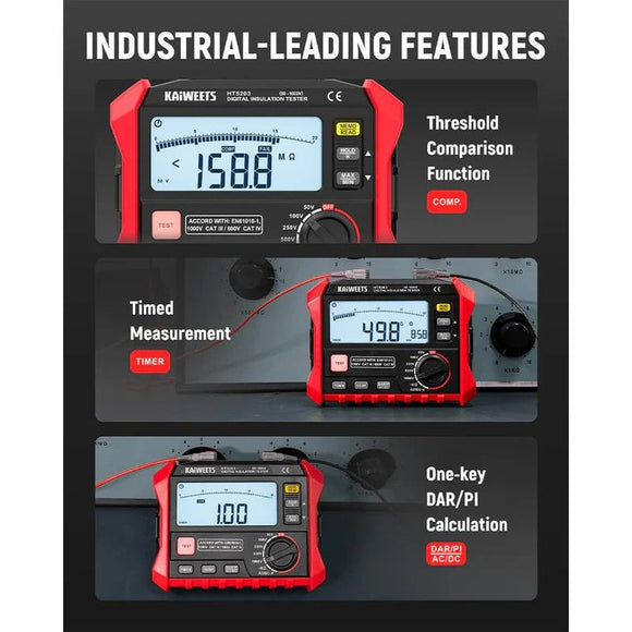 KAIWEETS Megohmmeter, Insulation Resistance Tester, Up to 100GΩ, 50V/100V/250V/500V/1000V, One-Touch DAR/PI, with AC/DC Voltage Testing for Motors, Solar, HVAC