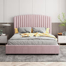 Camelia Double Size Bed Frame Pink Velvet Upholstery High Headboard Quality Slats Metal Structure-1