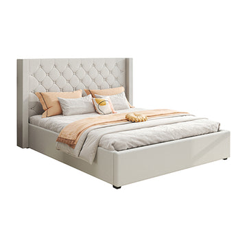 Veronica Bed Frame Double Size Winged Grey Linen Fabric Seam Grid Pattern with gas lift plywood metal structure - 0