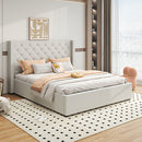 Veronica Bed Frame Queen Size Winged Grey Linen Fabric Seam Grid Pattern with gas lift plywood metal structure-1