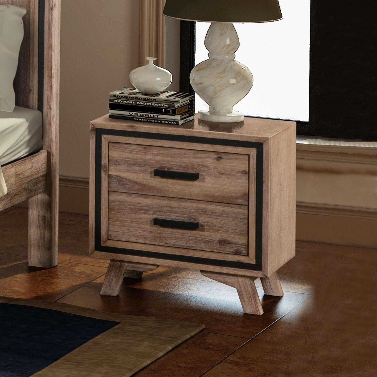Bedside Table 2 drawer Night Stand with Solid Acacia Storage in Sliver Brush Colour - 0