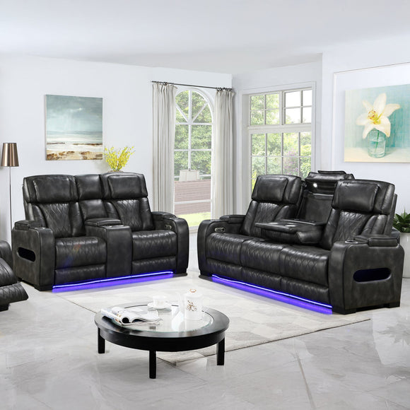 3-2 Seater Electric Air Leather Dark Grey Recliner Set