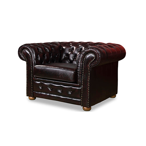 1 Seater Genuine Leather Upholstery Deep Quilting Pocket Spring Button Studding Sofa Lounge Set for Living Room Couch In Brown Colour - 0
