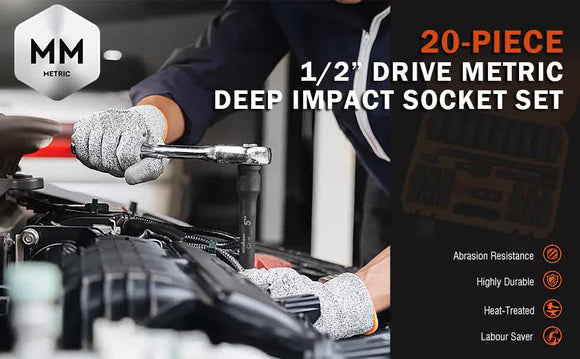 19Pc Deep Socket Set Impact 1/2" Drive Extension Bars Flexible Adapter 10-24mm