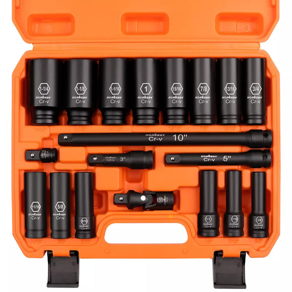 18Pc Deep Impact Socket Set Imperial / SAE Extension Flexible Adaptor 1/2" Drive