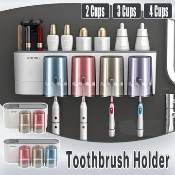 Bathroom Wall Mounted Toothbrush Holder Toothpaste Stand Storage Rack With Cup - Two Cups Set - 0