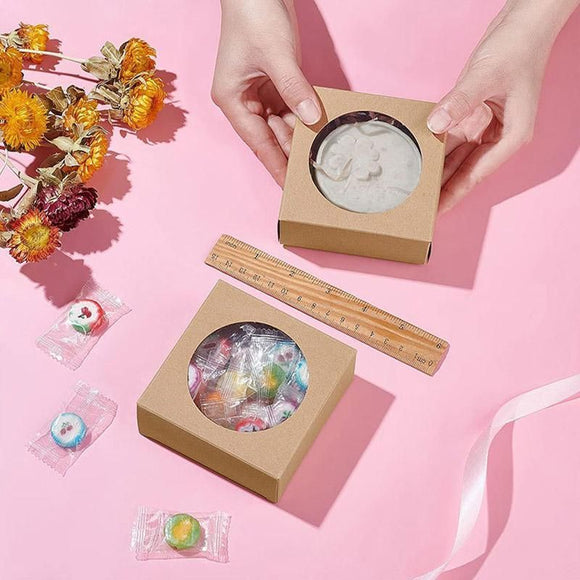 50PCS Handmade Soap Paper Box Round Window Kraft Black White Candy Biscuit Box - White-50pcs 8*8*3CM
