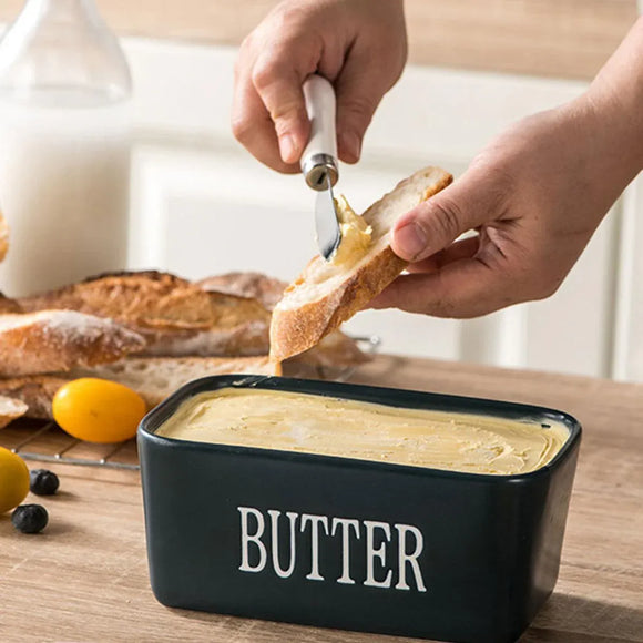 Butter Box with Knife Rectangular Cheese Container with Wooden Lid for Kitchen - Black