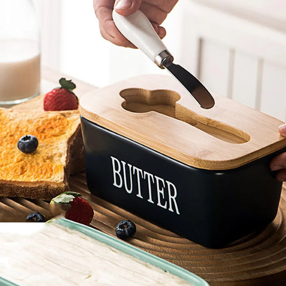 Butter Box with Knife Rectangular Cheese Container with Wooden Lid for Kitchen - Black