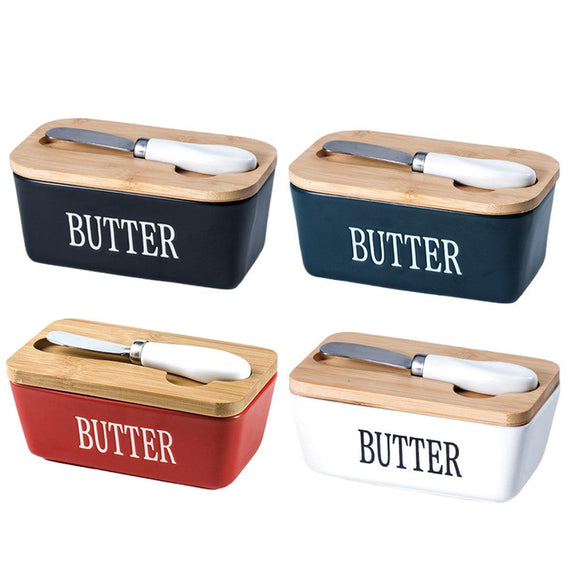 Butter Box with Knife Rectangular Cheese Container with Wooden Lid for Kitchen - Black
