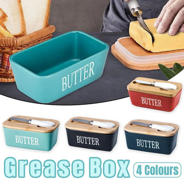 Butter Box with Knife Rectangular Cheese Container with Wooden Lid for Kitchen - Green - 0