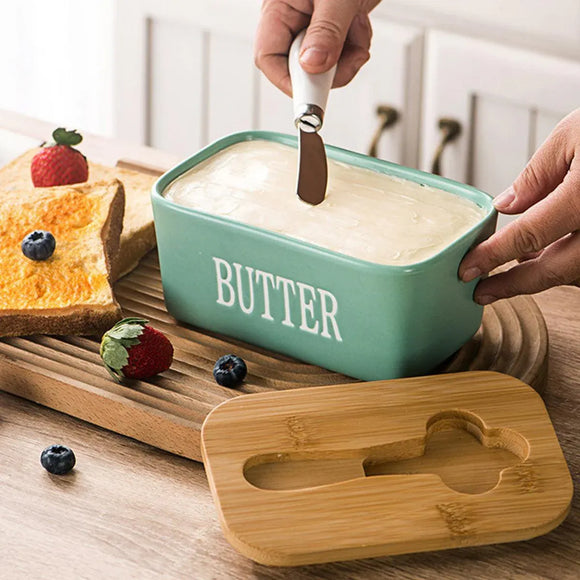 Butter Box with Knife Rectangular Cheese Container with Wooden Lid for Kitchen - Green