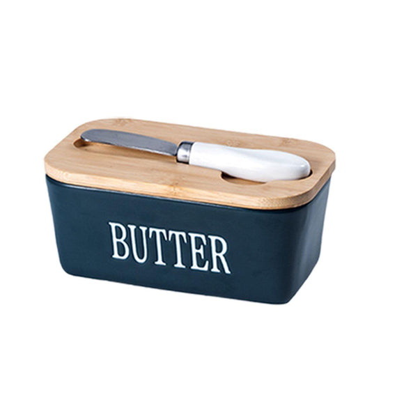 Butter Box with Knife Rectangular Cheese Container with Wooden Lid for Kitchen - Green