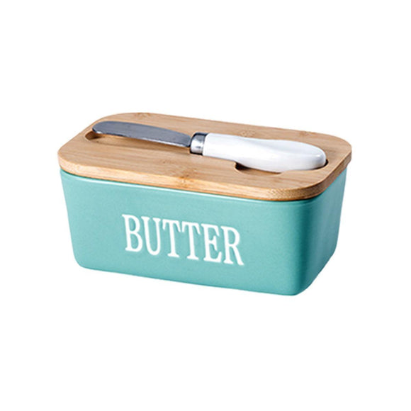 Butter Box with Knife Rectangular Cheese Container with Wooden Lid for Kitchen - Blue