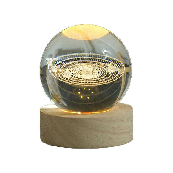 3D Crystal Solar System Ball with LED Light and Wooden Base 80mm Gift Decor