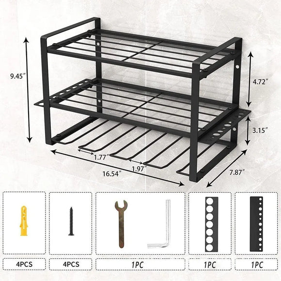 Wall Mounted Power Tool Rack Organiser, 3 Tier, Black, 1 Unit