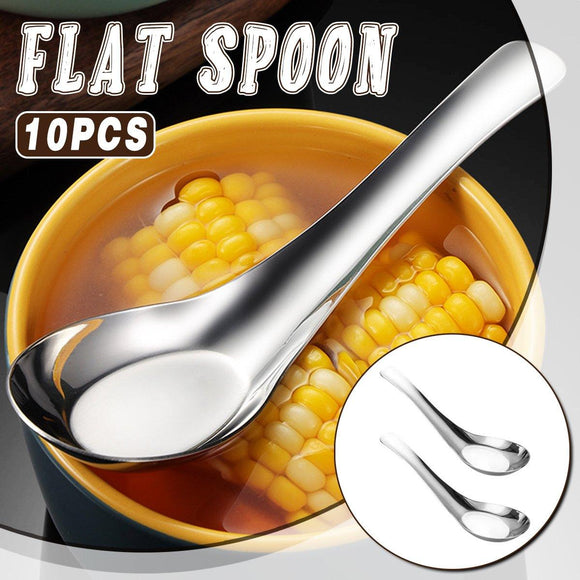 10pcs Stainless Steel Flat Bottom Spoon Household Kitchen Dining Soup Spoon Set
