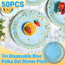 50-Pack Blue and Gold Polka Dot Disposable Paper Dessert Plates, 7 in-1