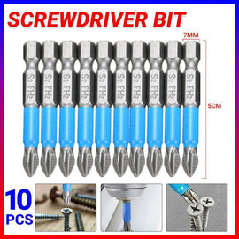 10PCS Anti Slip Electric Hex Shank 50mm PH2 Cross Head Screwdriver Bits Set